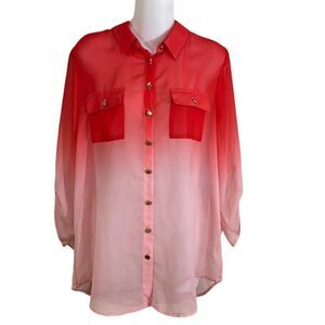 HALO Women's Ombré Dip Dye Button Tab Sleeve Sheer Blouse in Coral Size Medium